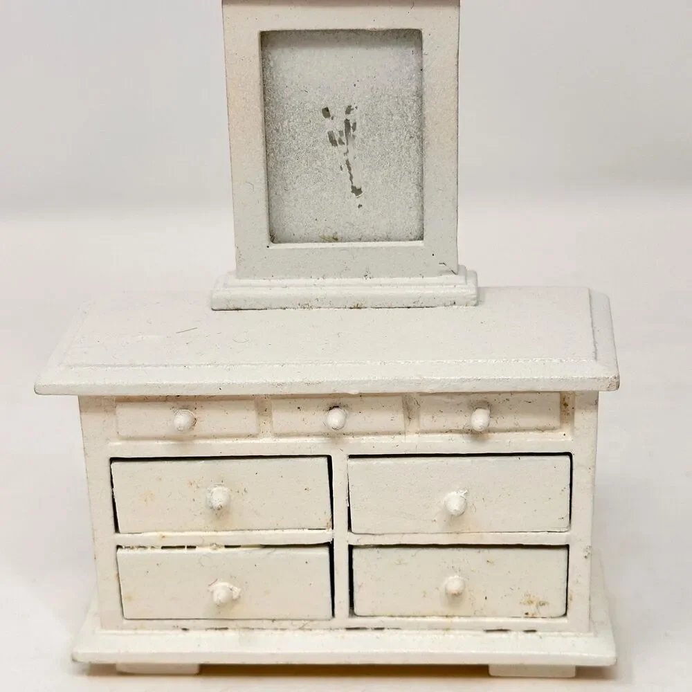 Vintage White Dollhouse Dresser 1:12 Miniature Vanity Wood Faux Drawers